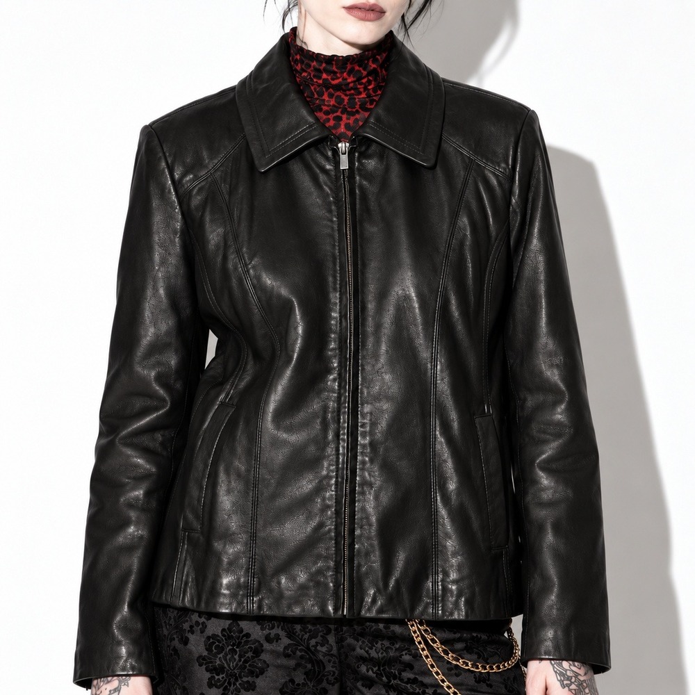 Wilsons Leather Jacket Womens XL Black Zip Front Quilted Lining Y2K Tailored